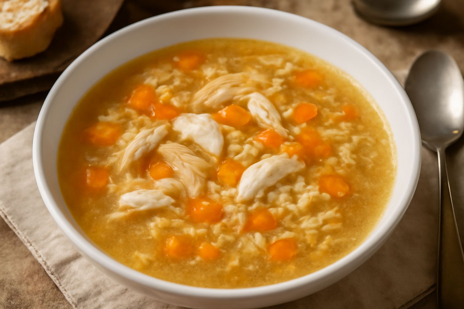 Ciotola di porcellana bianca con brodetto di pollo fumante, visibili filamenti di uovo dorato, pezzetti di carne bianca, fettine di carota arancione e prezzemolo verde sparso in superficie, su fondo d