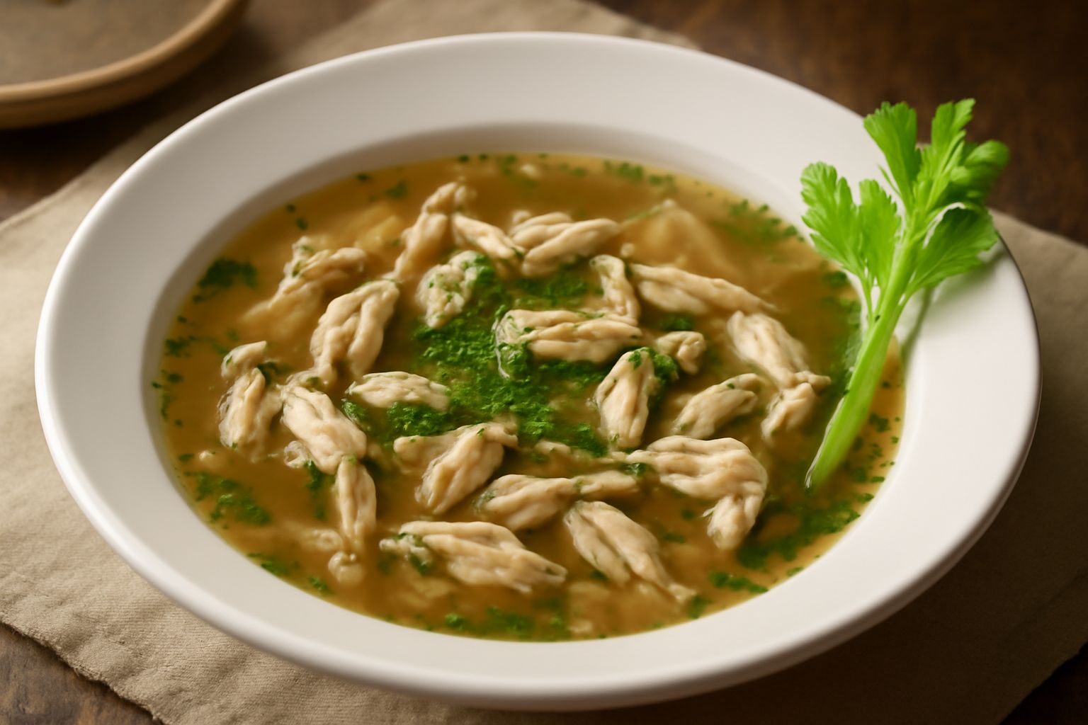 Brodetto di rane in pentola di coccio con brodo trasparente, carni bianche di rana visibili, sedano e prezzemolo fresco sopra, vapore leggero dalla superficie