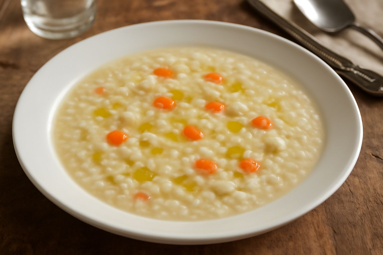 Ciotola di brodetto di riso cremoso color avorio, con verdure morbide visibili, guarnito con prezzemolo fresco e un filo di olio in superficie, vapore appena percettibile