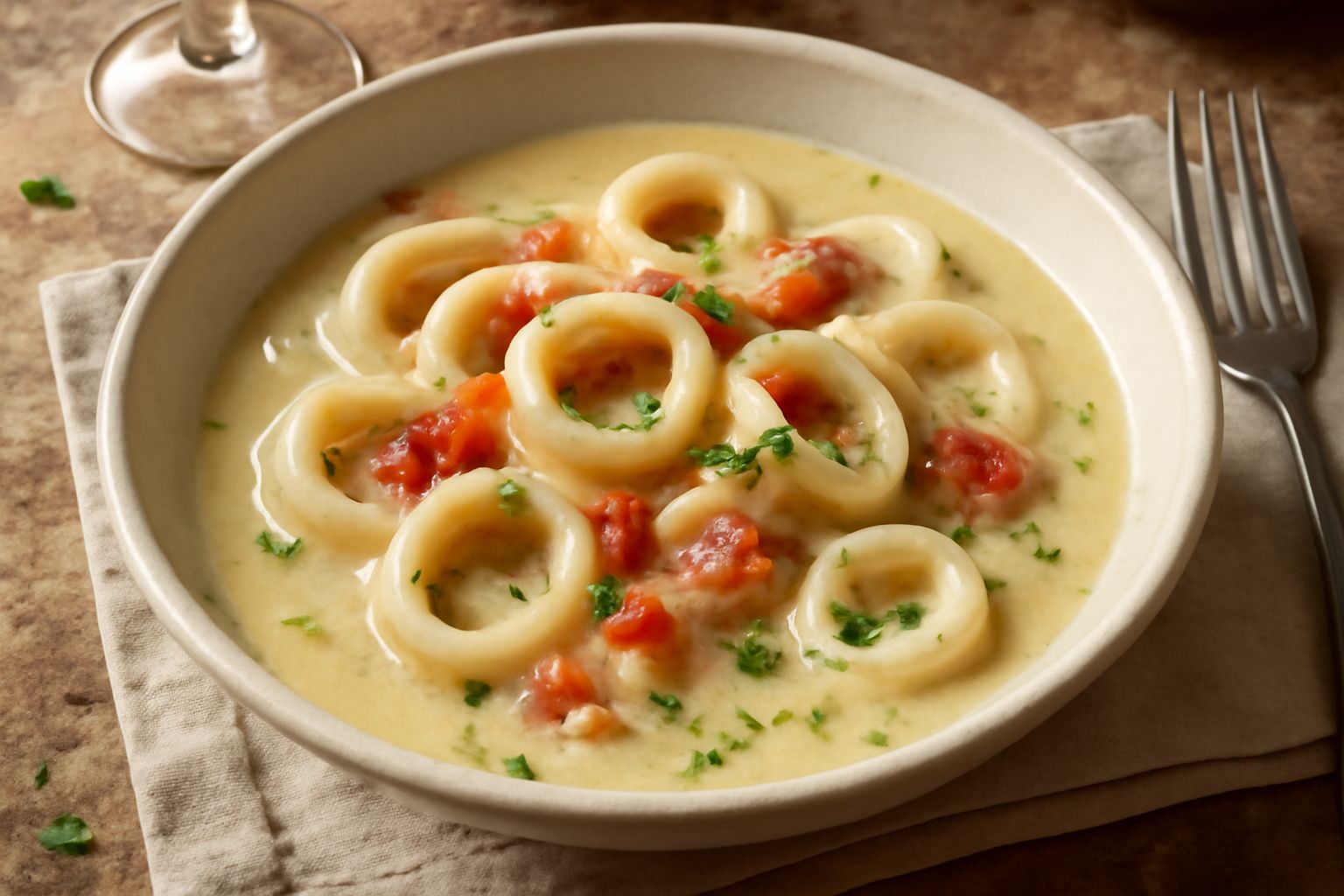 Ciotola di ceramica bianca con brodetto denso di color bianco avorio, contenente anelli di totano opaco e morbido, con pomodori rossi visibili nel brodo, prezzemolo verde fresco sparso in superficie, 