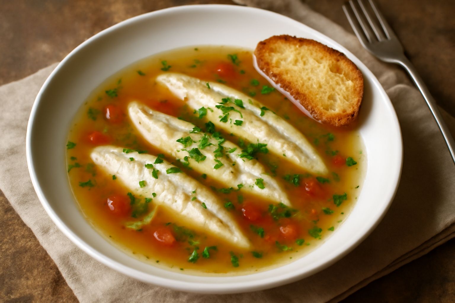 Una zuppiera bianca con brodetto di triglie: brodo chiaro e profumato color ambra, filetti di pesce bianchi e delicati, pomodori rossi a pezzetti, sedano e prezzemolo fresco verde sulle spalle, pane t