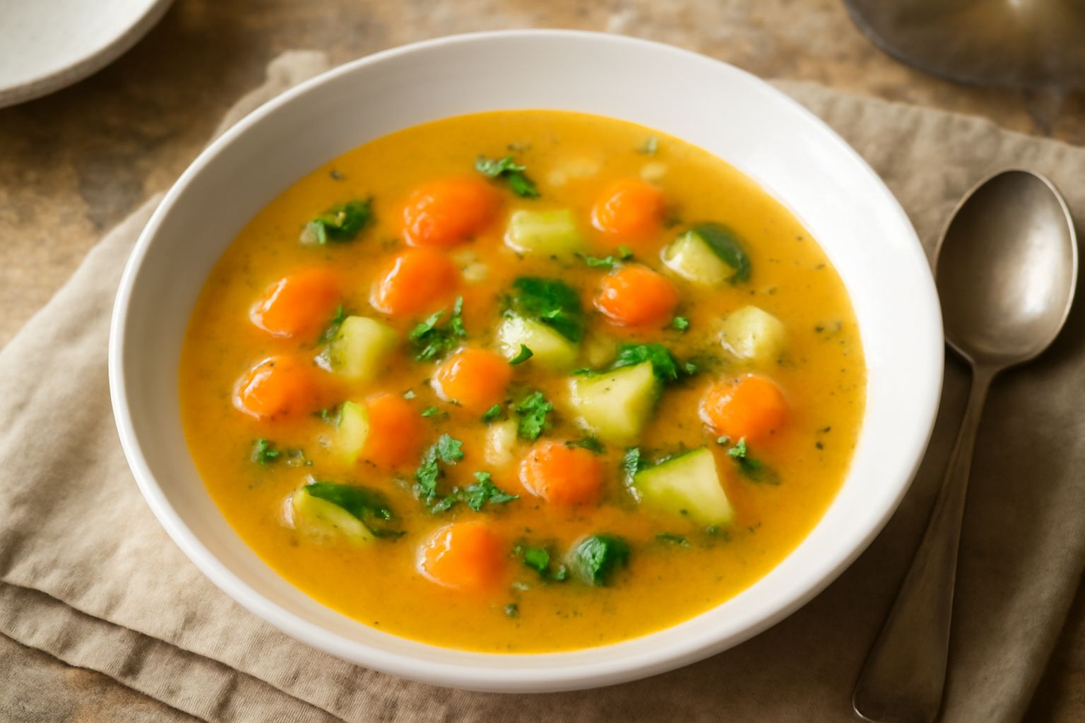 Brodetto di verdure in una ciotola bianca: brodo trasparente e fragrante con cubetti di carote arancioni, sedano verde, zucchine chiare, pomodoro rosso, prezzemolo fresco sulla superficie, servito su 