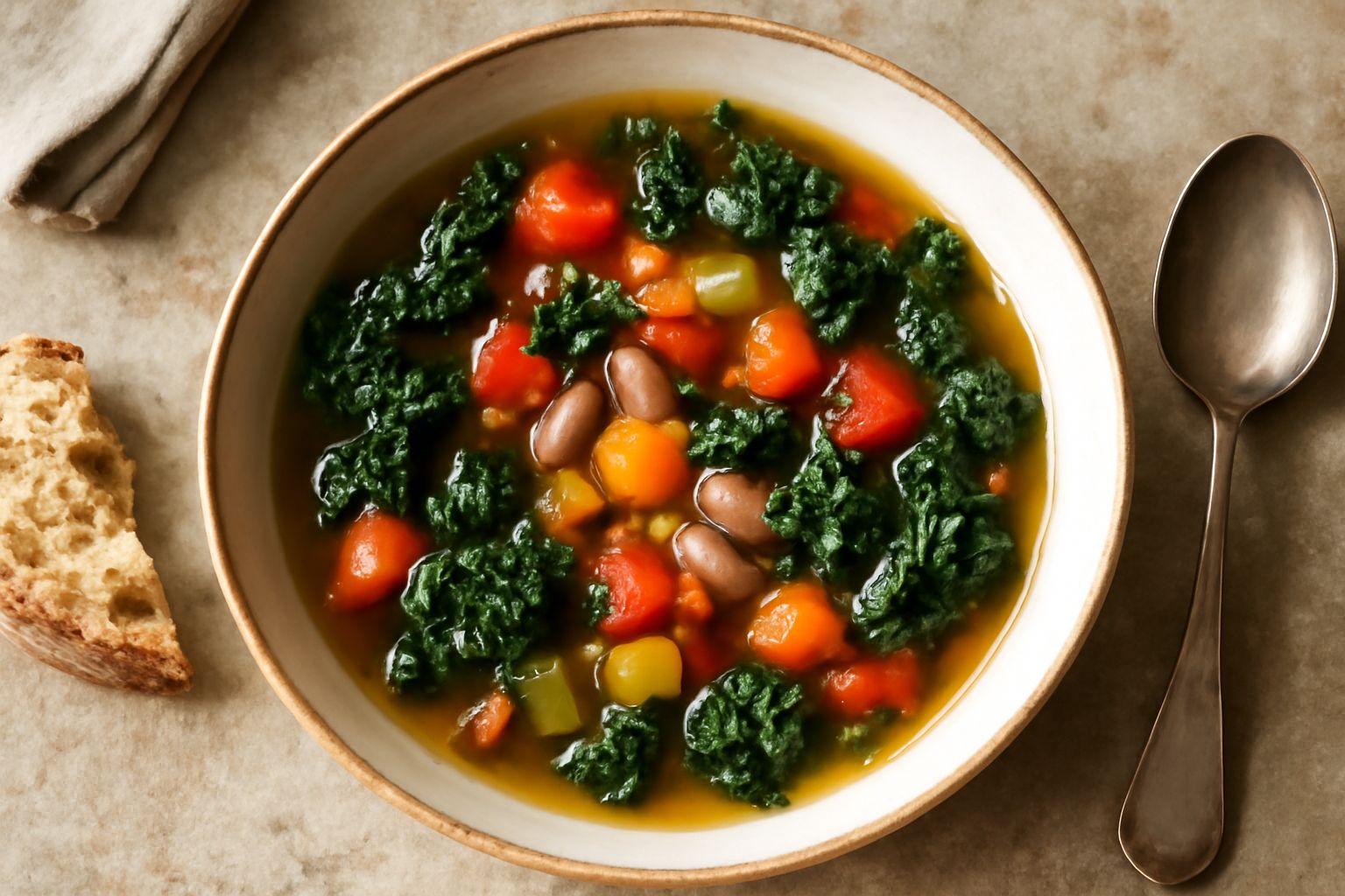 Brodetto di verdure povere servito in una ciotola di ceramica bianca, con zucchina, carota, pomodoro, fagioli e cavolo visibili nel brodo, condito con olio d'oliva verde, cucchiaio di legno accanto