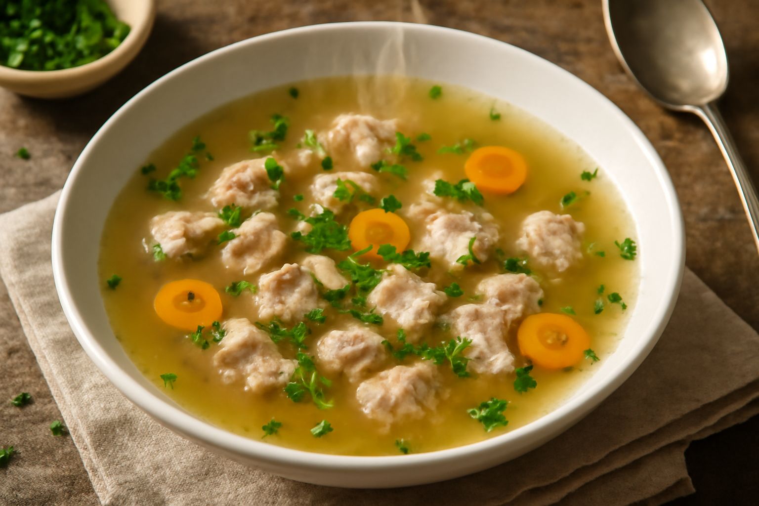 Ciotola di brodetto di vitello con brodo trasparente dorato, piccoli pezzi di carne bianca, carota, sedano e prezzemolo fresco verde in superficie, servito in zuppiera di ceramica bianca