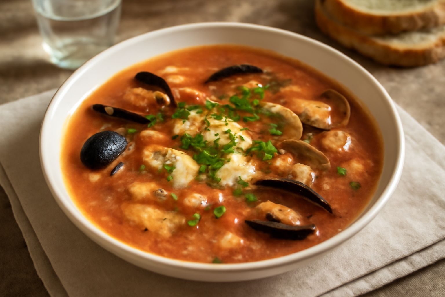 Brodetto d'Isernia fumante in ciotola bianca: brodo rosato con pezzi di pesce bianco, cozze e vongole, gamberetti, pomodoro fresco, prezzemolo verde e pane tostato a bordo