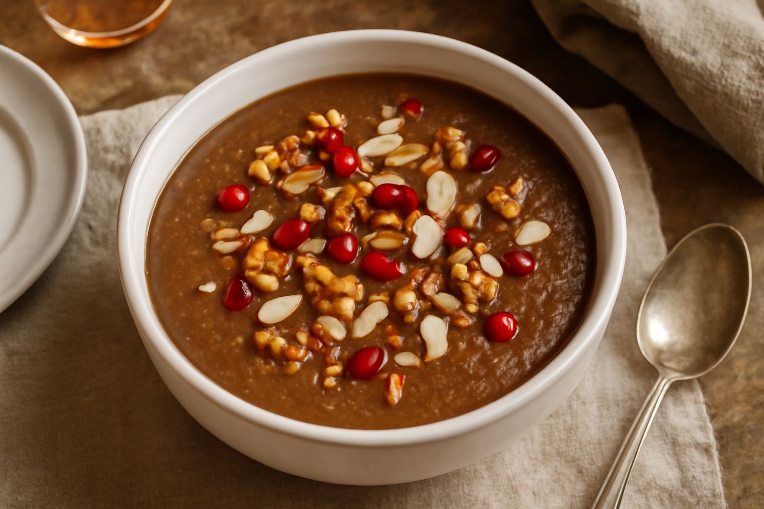 Brodetto dolce di Natale in tazza bianca, cremoso e denso, con noci e mandorle tostate sparse in superficie, vapore che sale, fondo sfocato con cannella e anice stellato