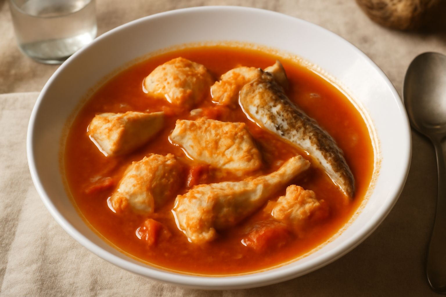 Brodetto di pesce in ciotola di ceramica bianca con brodo rosso-arancio, pezzi di pesce bianco e rosa, pomodori visibili nel fondo, accompagnato da fette di pane tostato ai lati del piatto