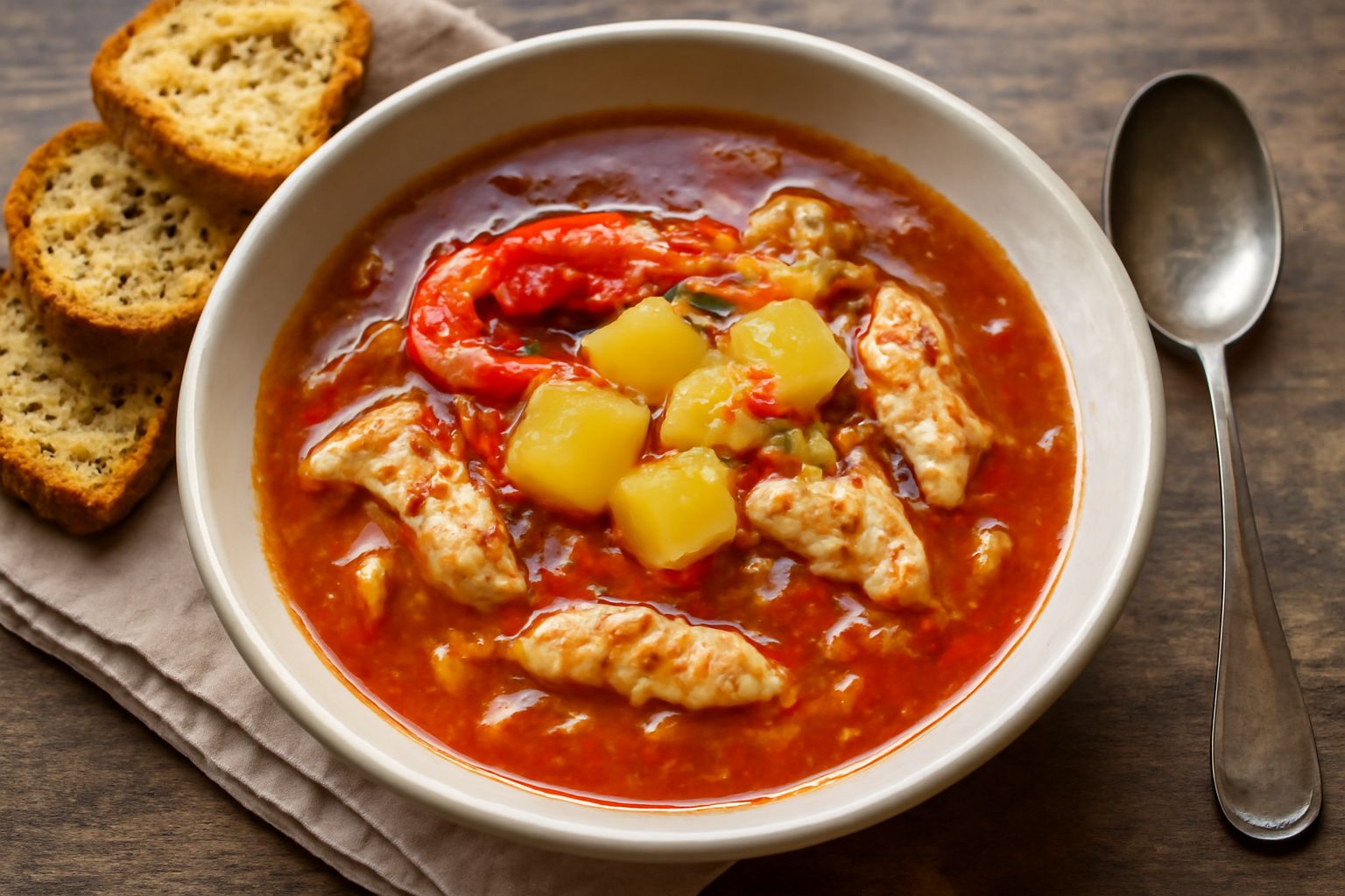 Brodetto foggiano in ciotola larga di ceramica bianca: pesce bianco in brodo trasparente con pomodoro rosso, cipolla trasparente, patate gialle, gamberetti rosa, contorno di prezzemolo fresco verde sc