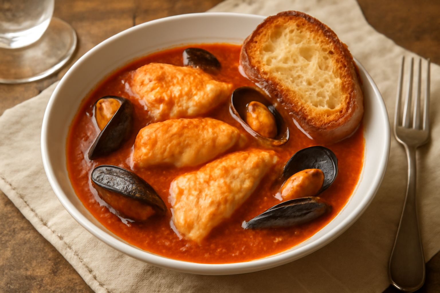Brodetto friulano in ciotola bianca con brodo rosso-arancio, pezzi di pesce visibile, cozze aperte e un fetta di pane tostato appoggiata al bordo, guarnito con prezzemolo fresco verde