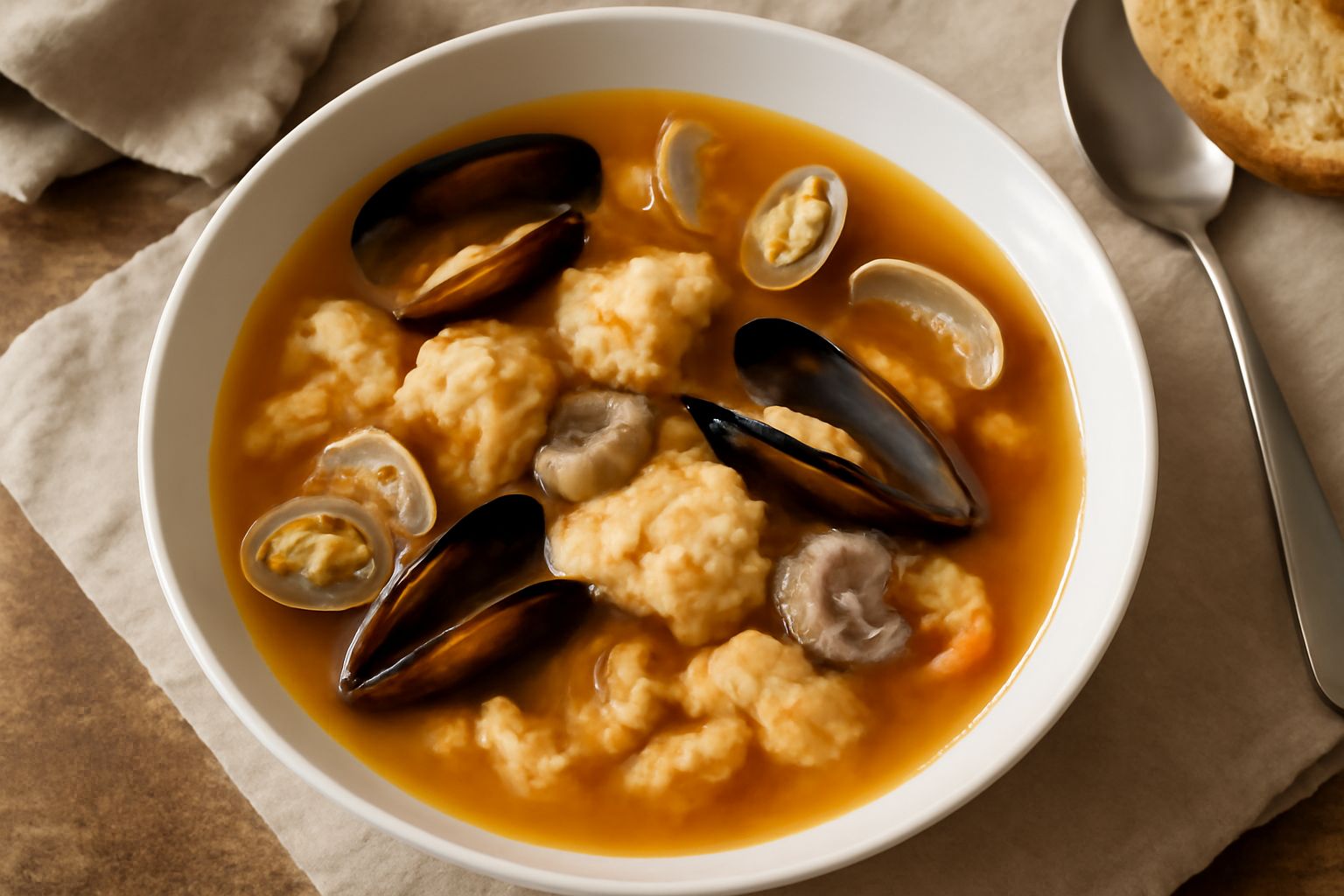 Brodetto genovese in una ciotola bianca, brodo trasparente color ambra con pezzetti di pesce, cozze e vongole, guarnito con prezzemolo fresco, pane tostato sul piattino