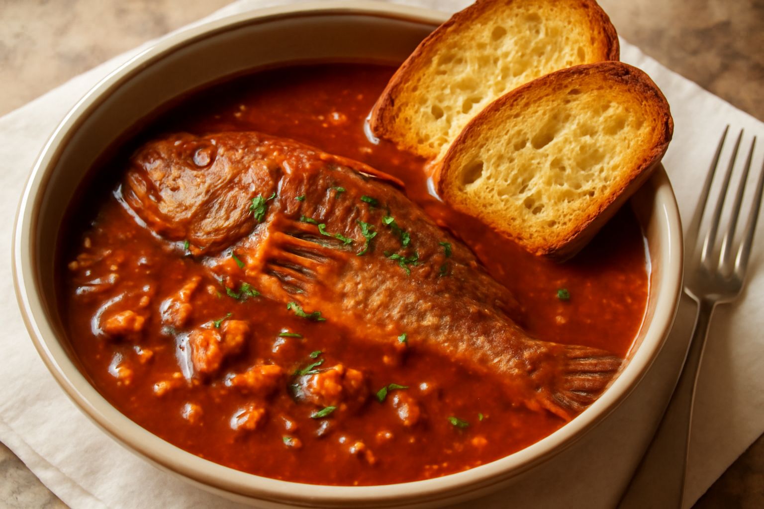 Ciotola bianca con brodetto laziale: pesce misto intero in brodo rosso-arancio con pomodoro, fondo di pesce visibile, prezzemolo fresco in superficie, fette di pane tostato sul bordo della ciotola