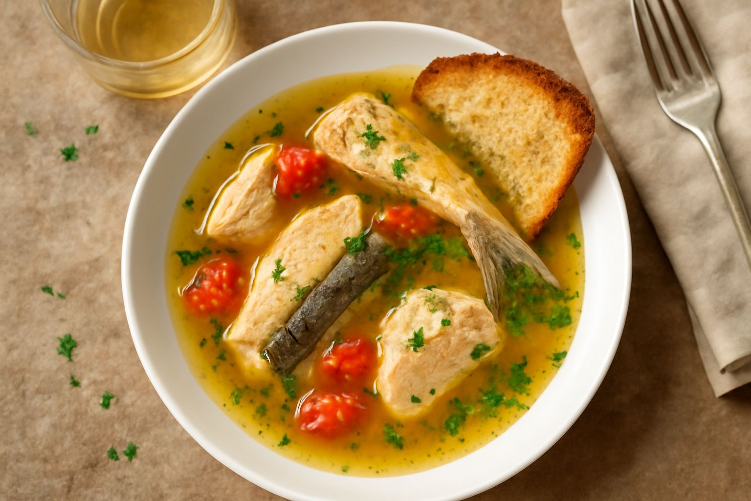 Brodetto ligure in ciotola bianca fonda: brodo trasparente ambrato con pezzi di pesce vario, pomodori rossi, prezzemolo verde fresco, accompagnato da fette di pane tostato a lato
