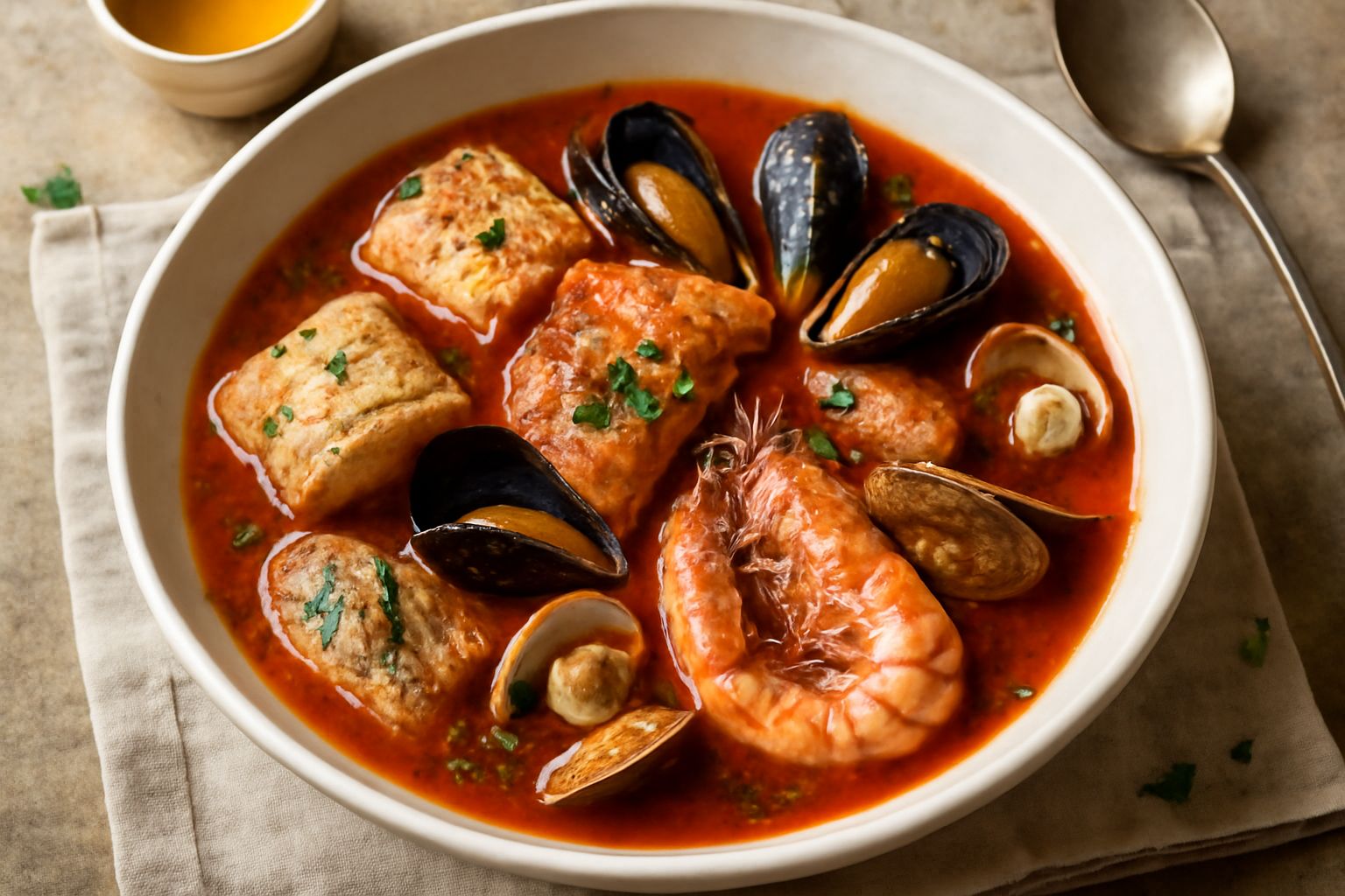 Brodetto livornese in piatto fondo bianco: zuppa densa color rosso-arancio con pezzi di pesce, cozze, vongole, gamberi, con prezzemolo fresco su superficie e pane tostato ai bordi