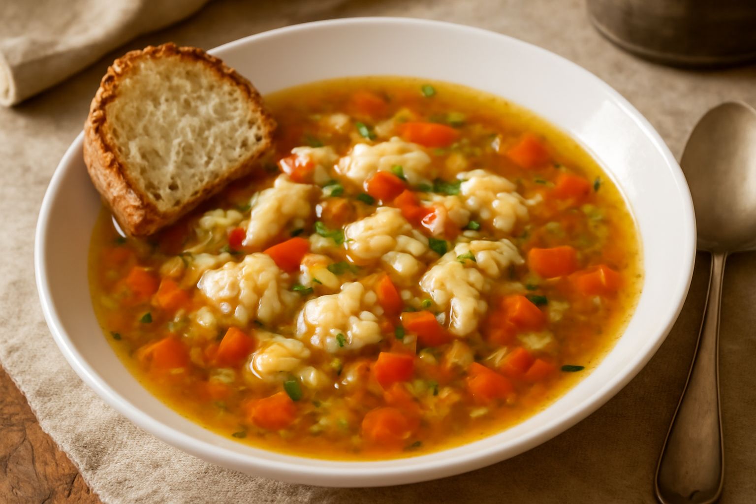 Ciotola di ceramica bianca con brodetto lucchese: brodo trasparente e dorato con pezzi di pesce, verdure tagliate, pomodori rossi, sedano, cipolla. Una fetta di pane tostato poggiata sul bordo. Superf