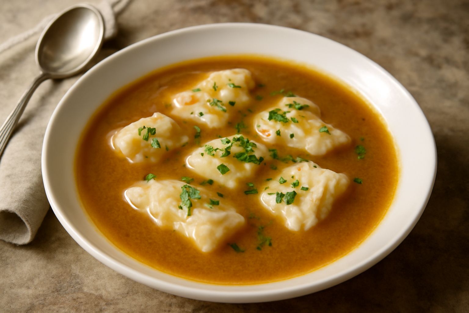 Scodella di ceramica bianca con brodetto meranese: brodo denso di colore beige dorato, filetti di pesce bianco in superficie, gambi di prezzemolo fresco e qualche goccia d'olio d'oliva visibile, servi