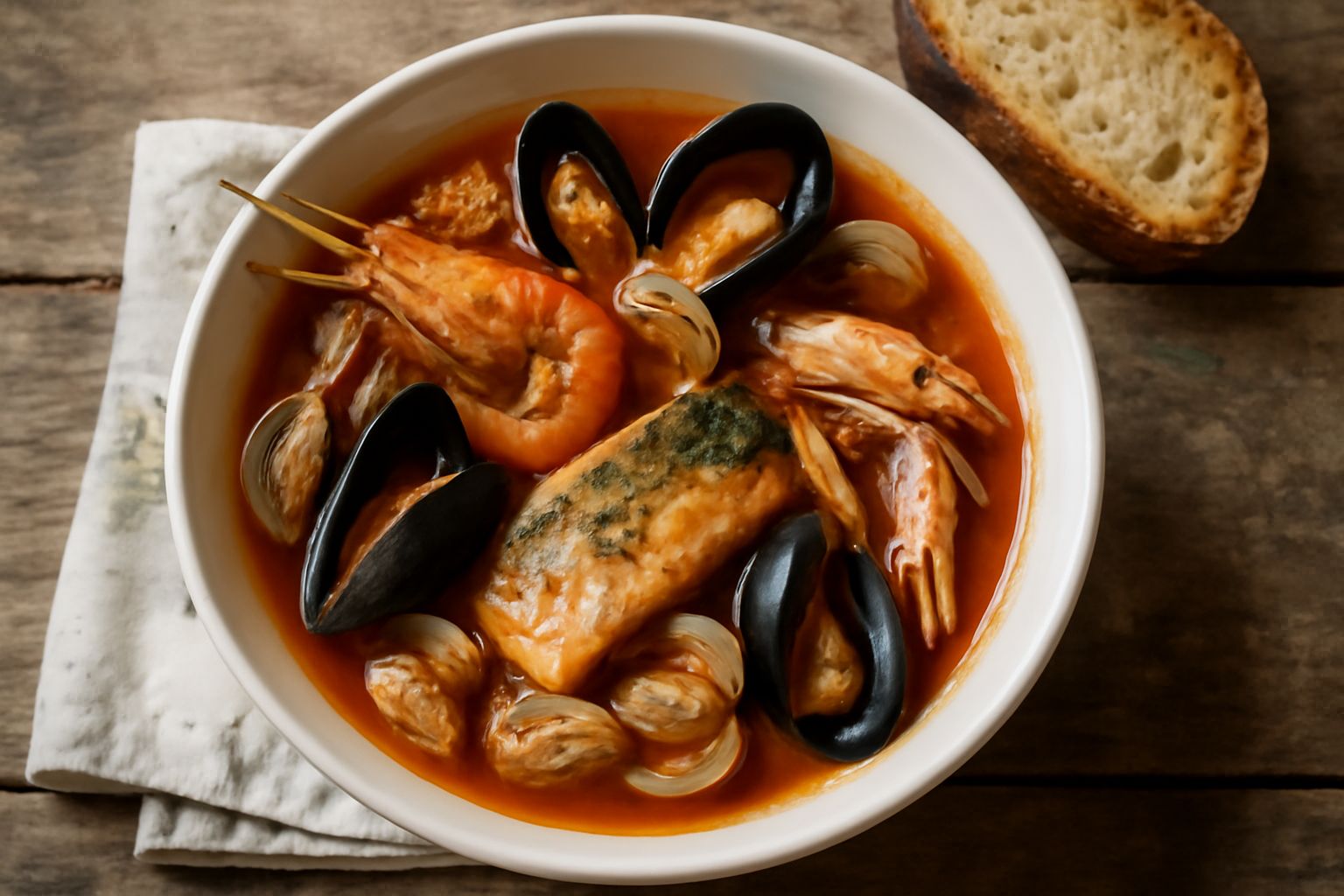 Brodetto messinese in ciotola di ceramica bianca con polpo rosso, vongole, gamberi e brodo rosato, accompagnato da pane tostato