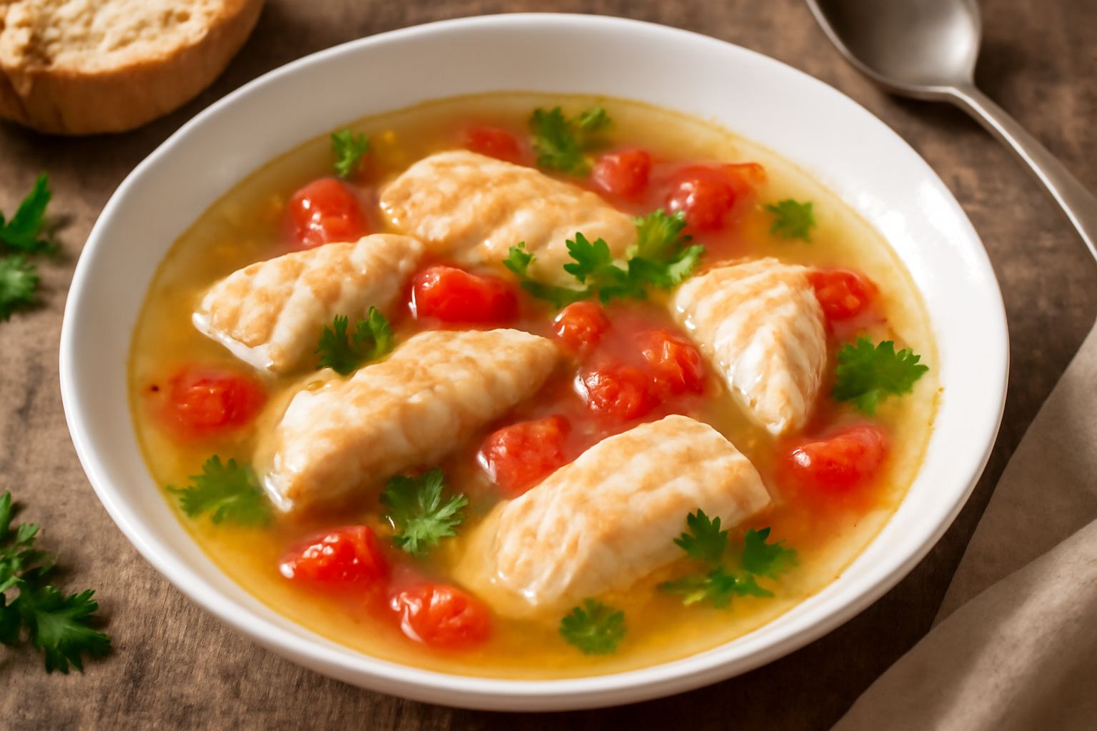 Una ciotola di brodetto napoletano con brodo trasparente, filetti di pesce bianco, pomodori rossi e prezzemolo fresco, servito su sfondo bianco con cucchiaio di ceramica