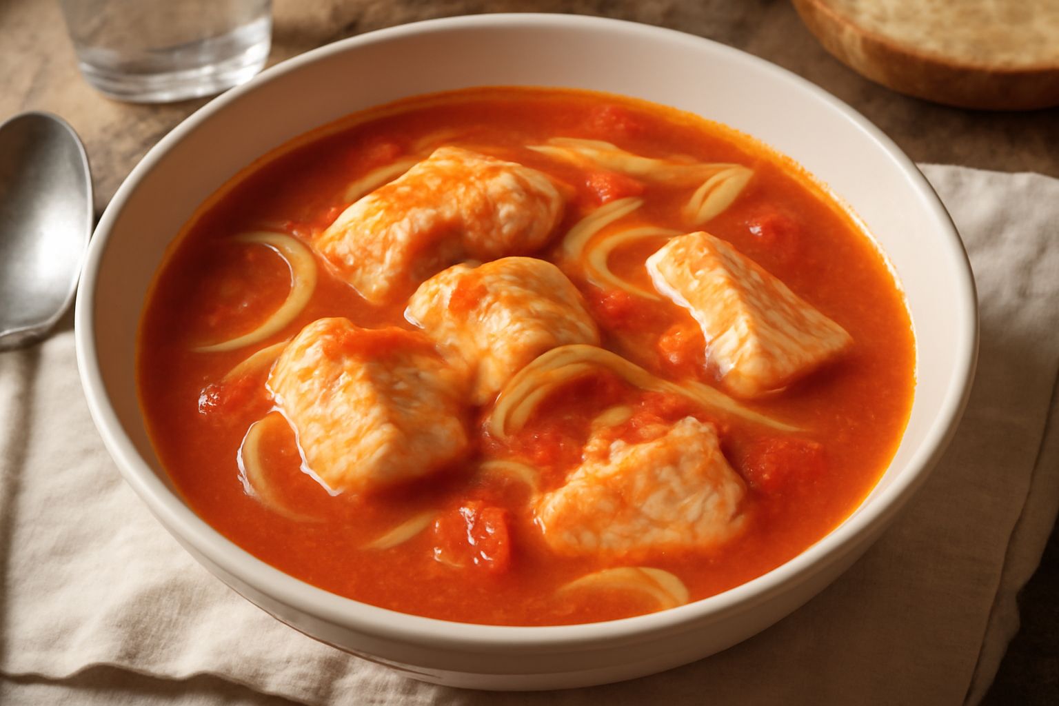 Ciotola di brodetto olbiese con pezzi di pesce bianco, brodo rosso di pomodoro, cipolla e prezzemolo fresco, servito con fette di pane tostato ai lati, su tavolo di legno