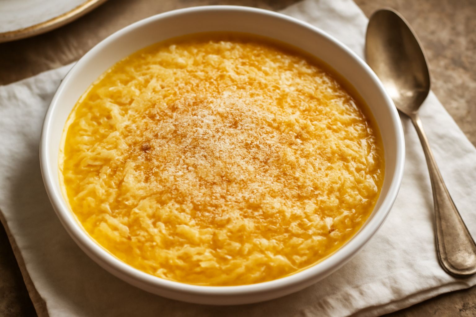 Ciotola di brodetto parmigiano color biondo cremoso, con fili di tuorlo d'uovo visibili in sospensione, guarnito con Parmigiano-Reggiano grattugiato, servito in una ciotola bianca profonda su tavolo d