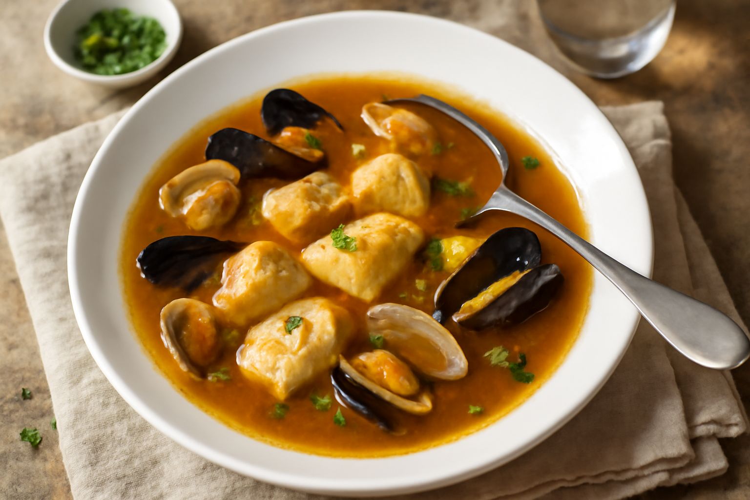 Brodetto piacentino servito in una ciotola di ceramica bianca, brodo trasparente di colore ambrato con pezzi di pesce bianco, cozze nere e vongole, guarnito con prezzemolo fresco verde