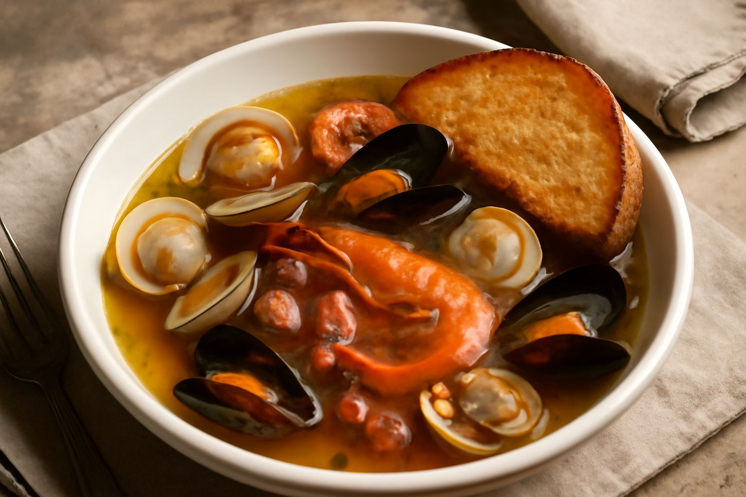 Ciotola di brodetto pisano con vongole veraci, cozze, gamberi e polpo in brodo trasparente e fragrante, guarnito con prezzemolo fresco e fette di pane tostato ai lati