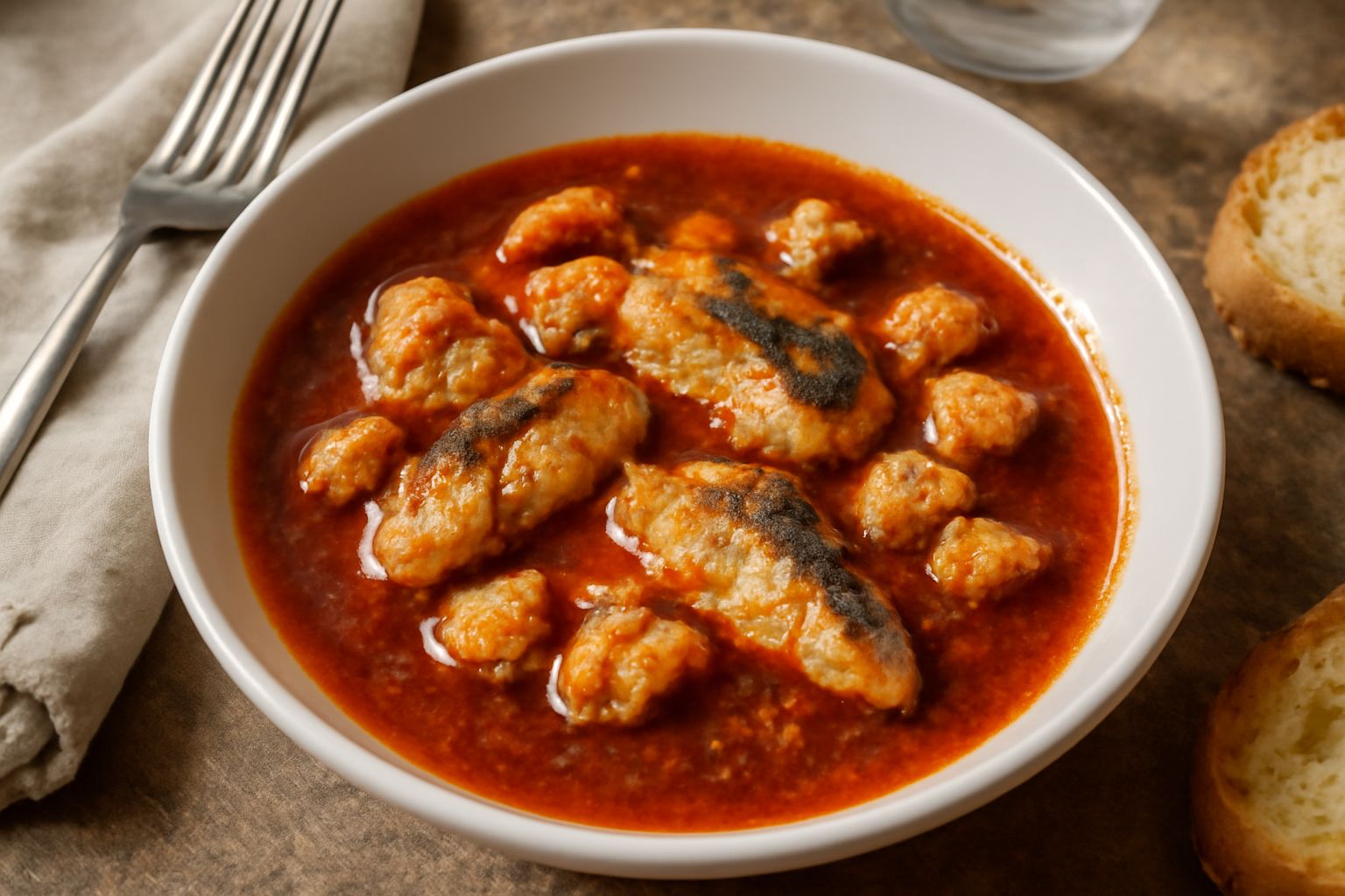 Brodetto pontino in ciotola bianca con brodo rosso scuro, pezzi di pesce visibili, fette di pane tostato sul bordo, prezzemolo fresco e basilico sopra