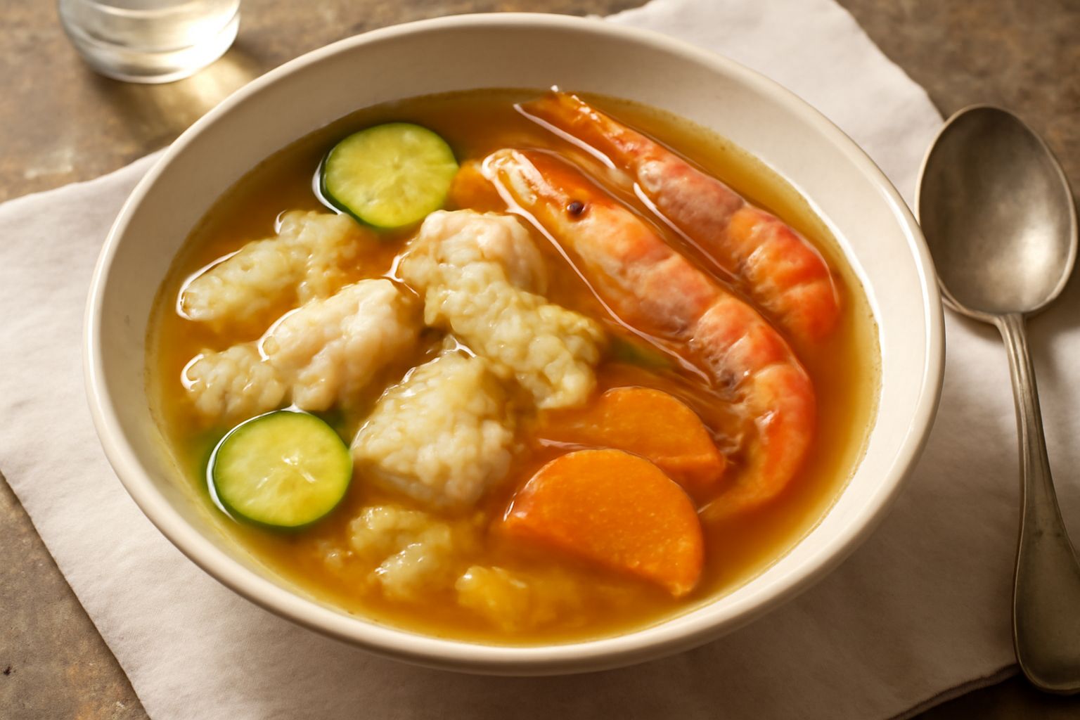 Una pentola di terracotta contenente brodetto povero color ambrato con pezzi di pesce bianco, gamberi e zucchine; vapore che sale, fette di pane abbrustolito a lato