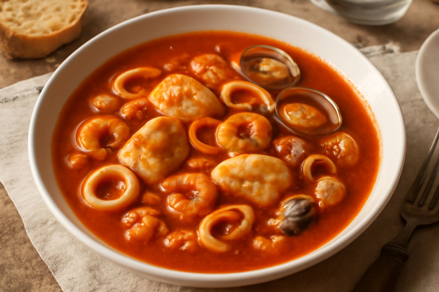 Ciotola di brodetto ragusano con pezzi di pesce bianco e calamari in brodo rosso di pomodoro, guarnito di prezzemolo fresco, servito su sfondo di marmo bianco