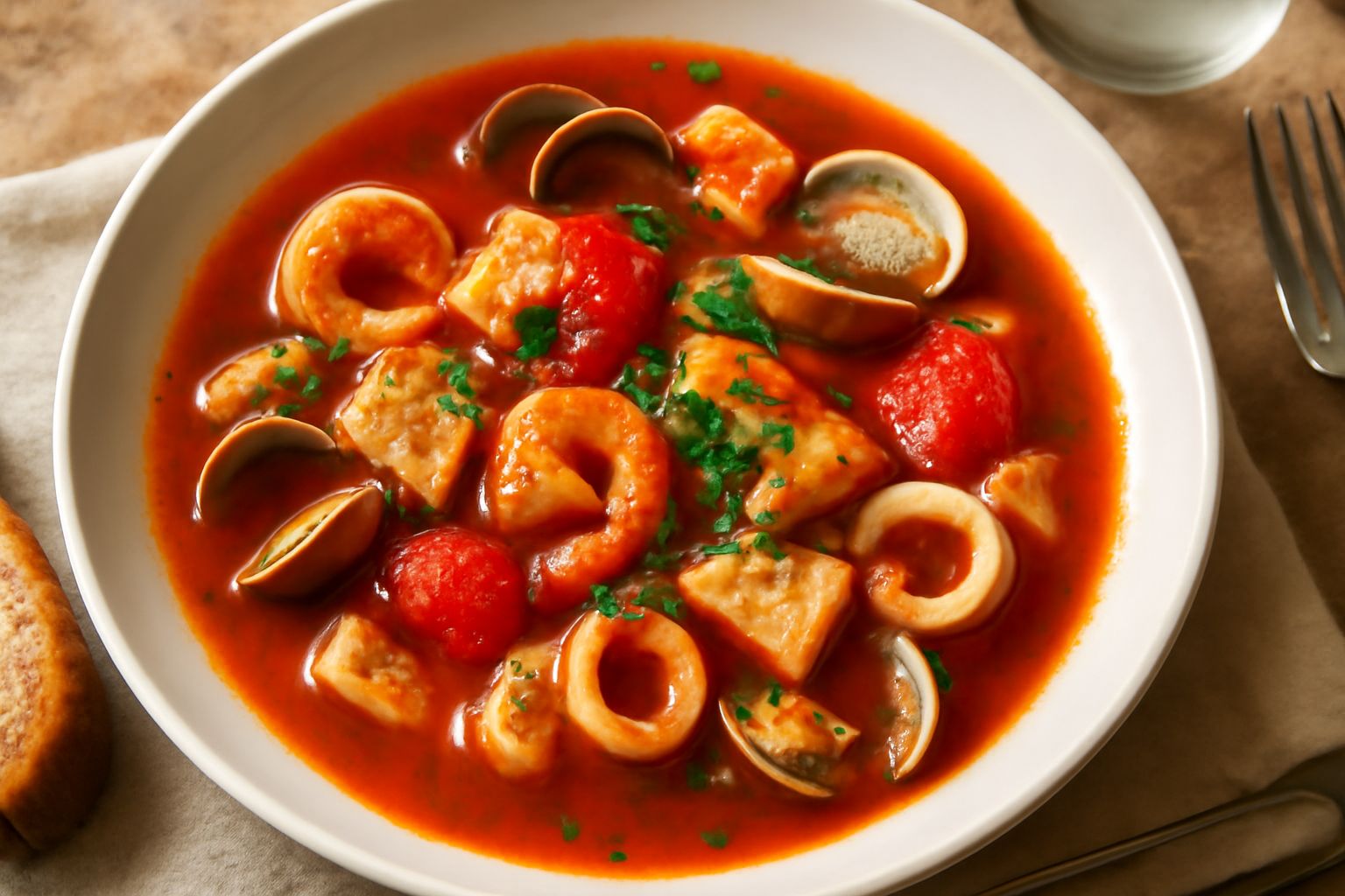 Ramekin di ceramica bianca contenente brodetto riminese: brodo ricco di colore rosso-arancio con pezzi di pesce bianco, gamberi rosa, pomodori visibili, guarnito con prezzemolo fresco verde su ramekin