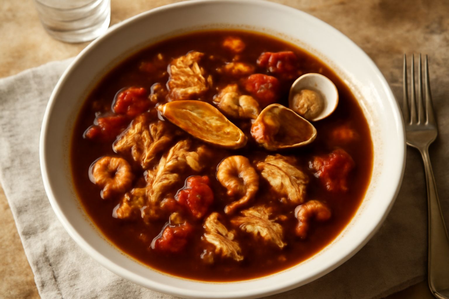 Brodetto sanremese in ciotola di ceramica bianca: brodo rosso scuro con pezzi di pesce bianco, pomodori, aglio affettato, gamberetti rossi, pane tostato ai bordi, tavolo in marmo grigio con bottiglia 