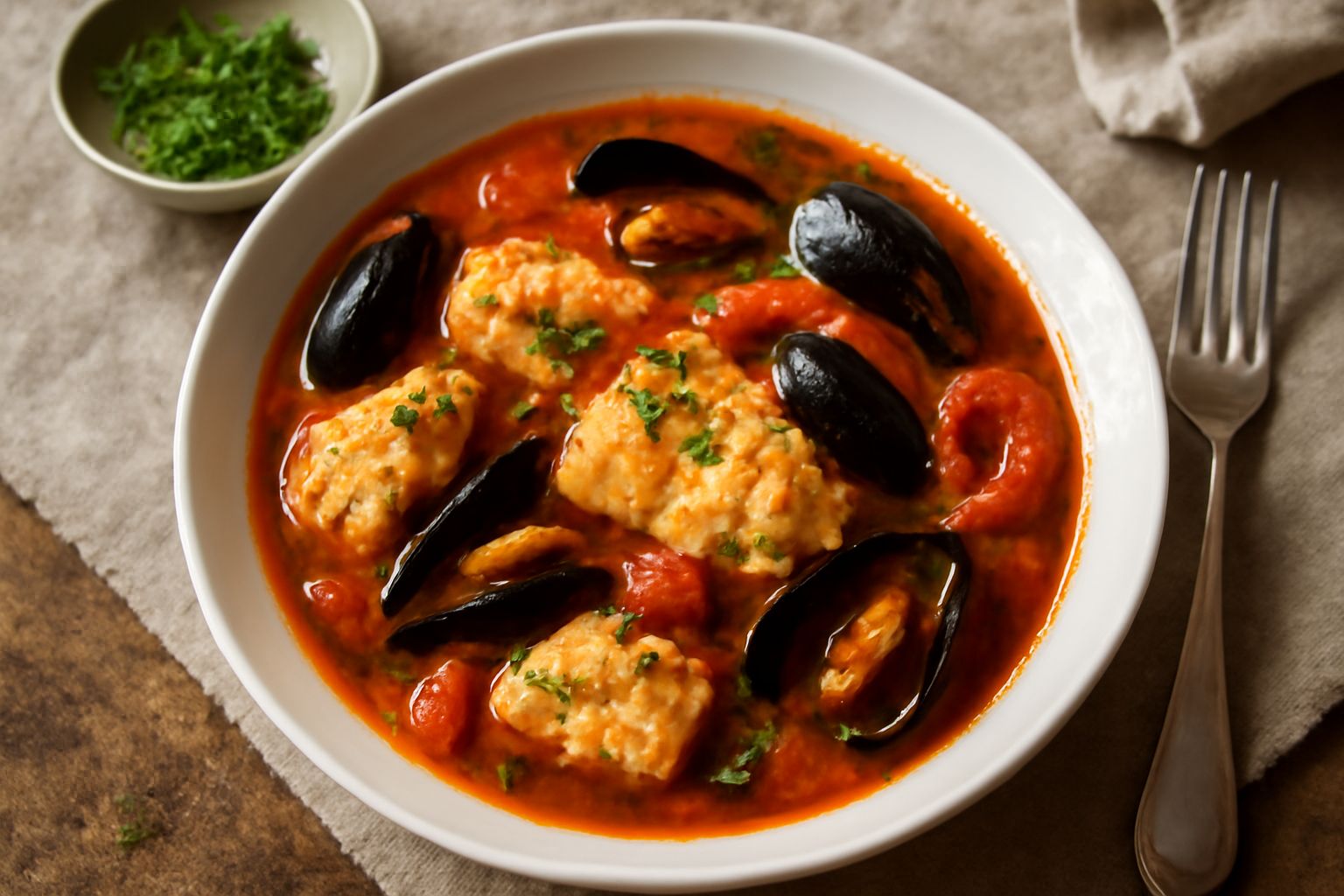 Brodetto sardo in ciotola di ceramica bianca: brodo rosso-arancio con pezzi di pesce bianco, cozze nere, pomodori rossi, erbe aromatiche, pane tostato ai lati, superficie liscia e lucida