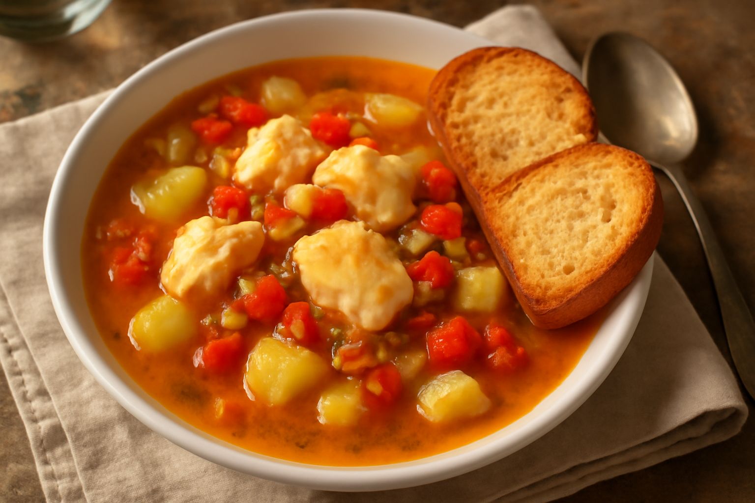 Ciotola di ceramica con brodetto sassarese: brodo chiaro dorato, pezzi di pesce bianco, pomodori rossi, verdure verdi, fette di pane tostato sul bordo, servito su tavolo di legno