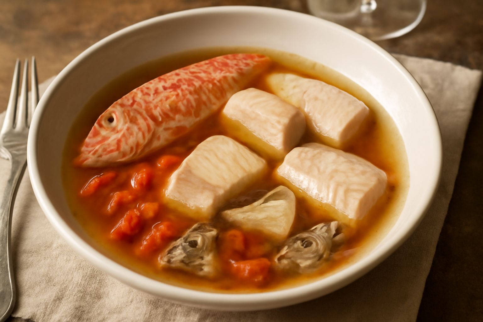 Brodetto siracusano servito in una ciotola di ceramica bianca, con brodo trasparente color ambra, pezzi di pesce bianco e rosa, pomodori rossi, e fette di pane tostato ai bordi della ciotola