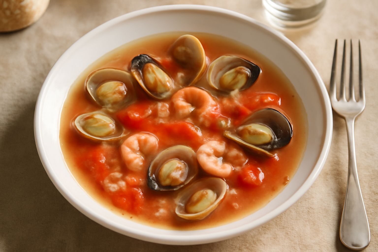 Brodetto sorrentino in ciotola bianca profonda: brodo trasparente rosato con molluschi aperti, gamberetti rosa, pomodori rossi e prezzemolo verde fresco spolverato