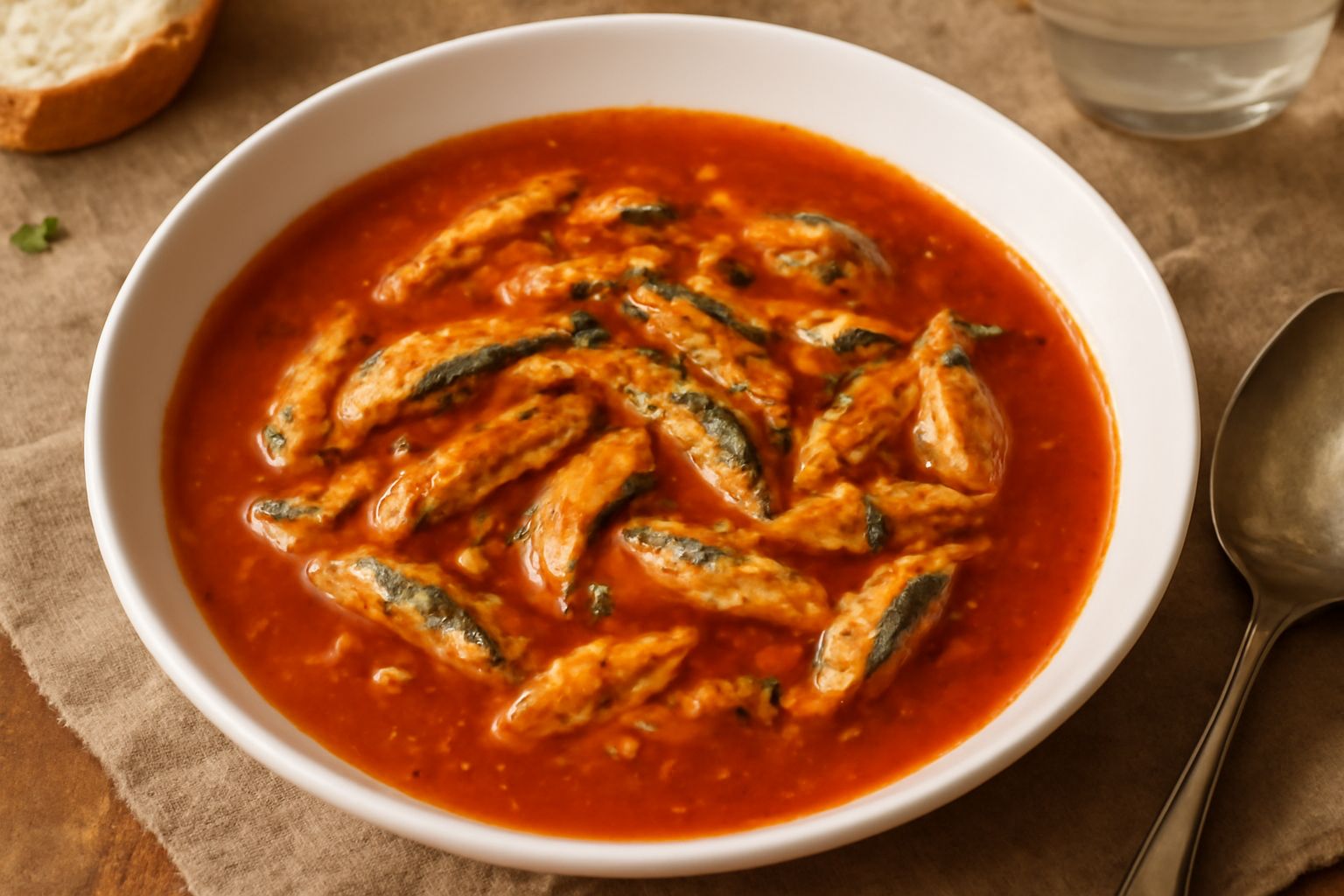 Brodetto tarantino in una ciotola di ceramica bianca, brodo rosso denso con pezzi di pesce, fette di pane tostato accanto, prezzemolo fresco verde in superficie, vapore che sale dal piatto