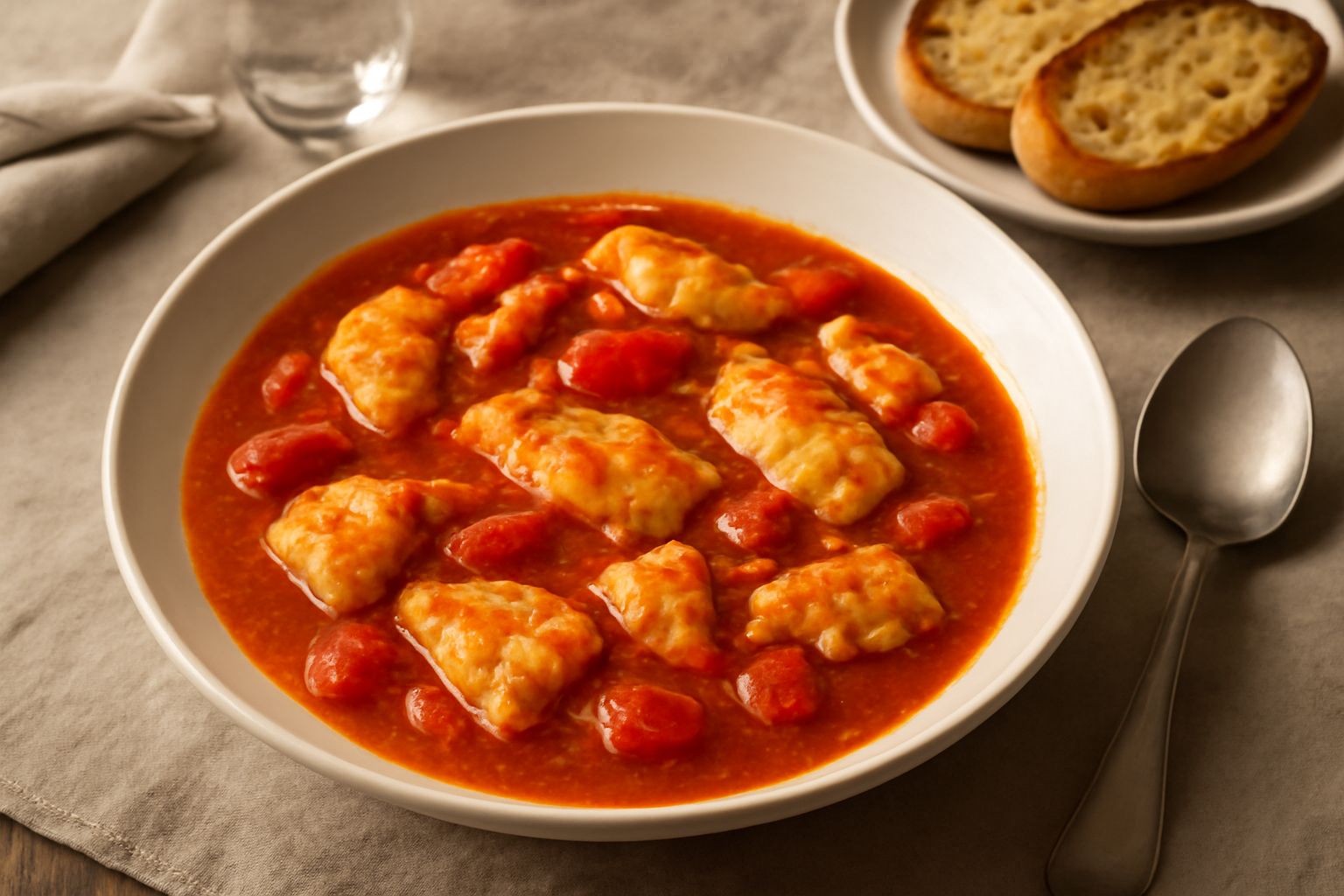 Brodetto teramano servito in una ciotola bianca, con pezzi di pesce bianco visibili nel brodo rosso pomodoro, crostini di pane tostato sul bordo, vapore che sale dalla superficie