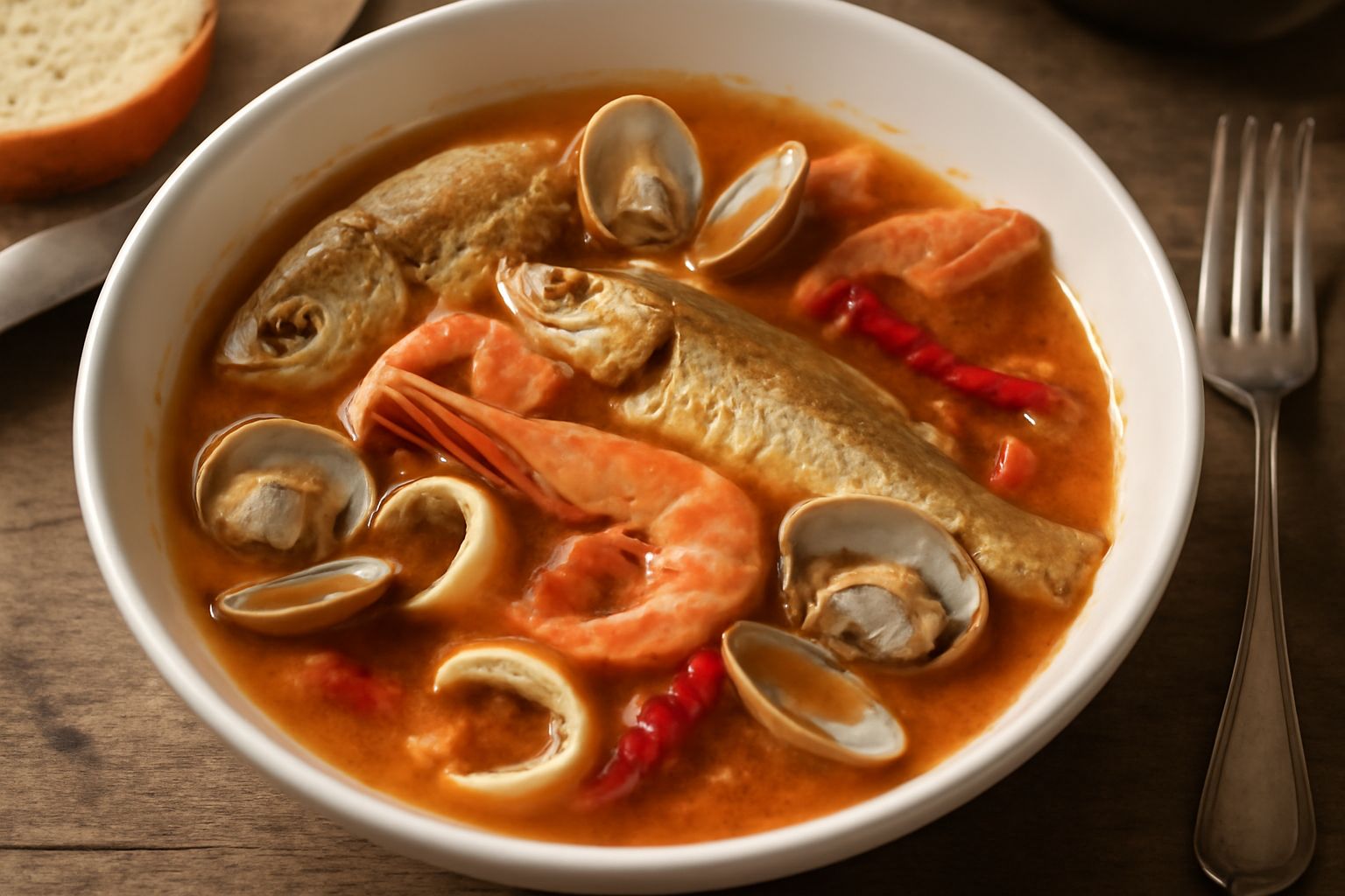 Brodetto termolese in una ciotola bianca: brodo color ambra con pesci, vongole e gamberi, fette di pane tostato sul bordo, cucchiaio di legno, tavolo di legno scuro