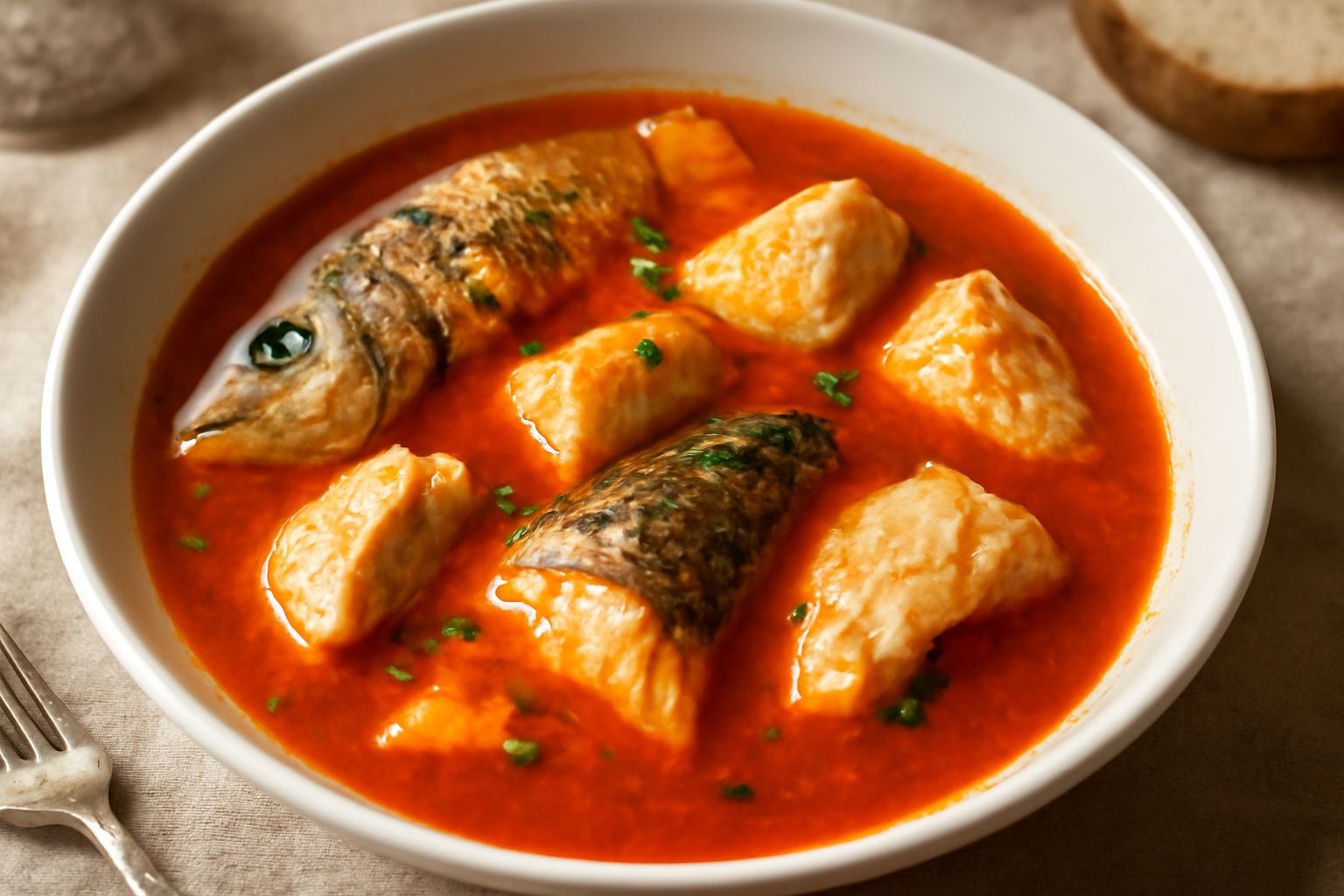 Ciotola di brodetto trapanese con vari pesci interi e a pezzi immersi in brodo rosso pomodoro, accompagnato da pane tostato, olio d'oliva e prezzemolo tritato