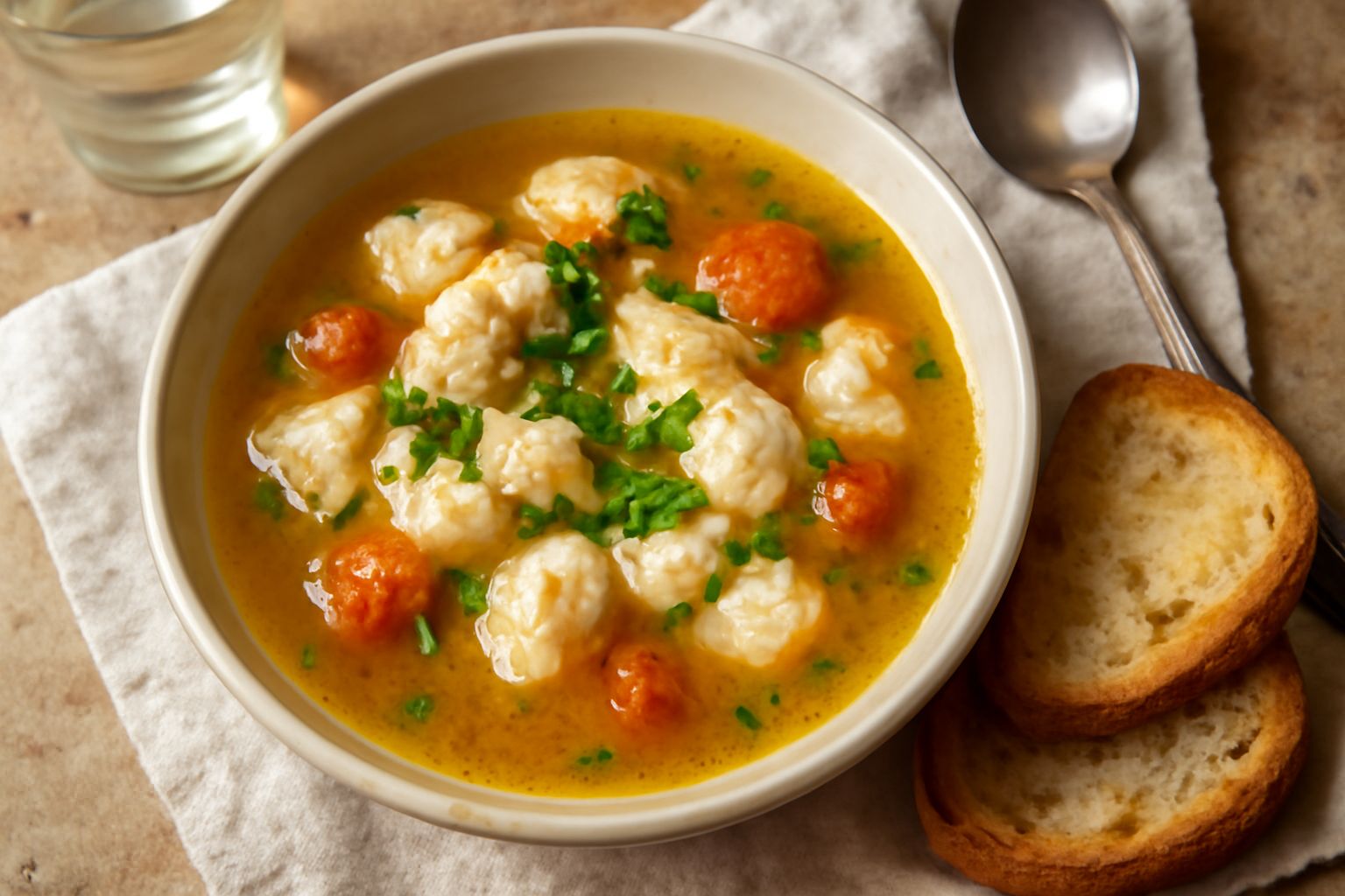 Una ciotola di brodetto trevigiano con pesce bianco cotto, brodo ambrato e dorato, pomodoro fresco, prezzemolo verde e una fetta di pane tostato a lato
