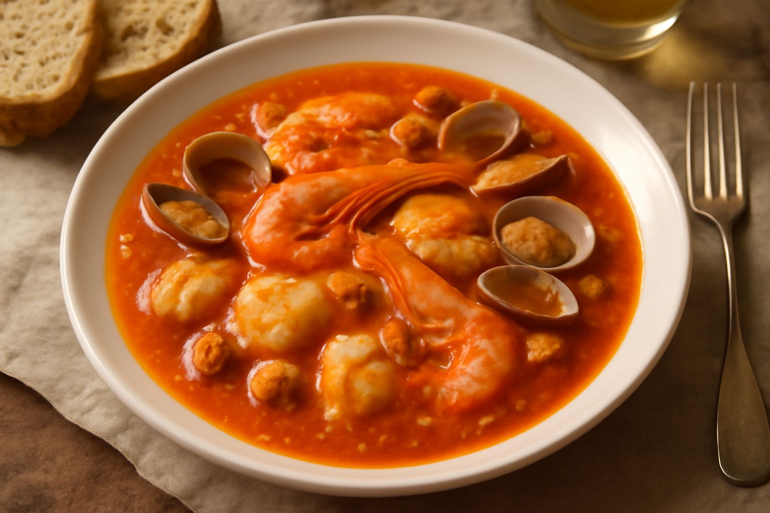 Brodetto triestino servito in una ciotola bianca fonda: zuppa densa arancione-rossa con pezzi di pesce, vongole aperte, gamberi, brodo corposo e prezzemolo fresco sulla superficie