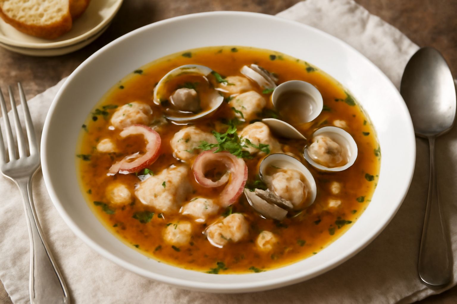 Brodetto veneto in ciotola bianca, con brodo chiaro ambrato, polpo visibile in superficie, vongole aperte, fette di pane tostato sul bordo, prezzemolo verde fresco tritato, fondo scuro cucina rustica