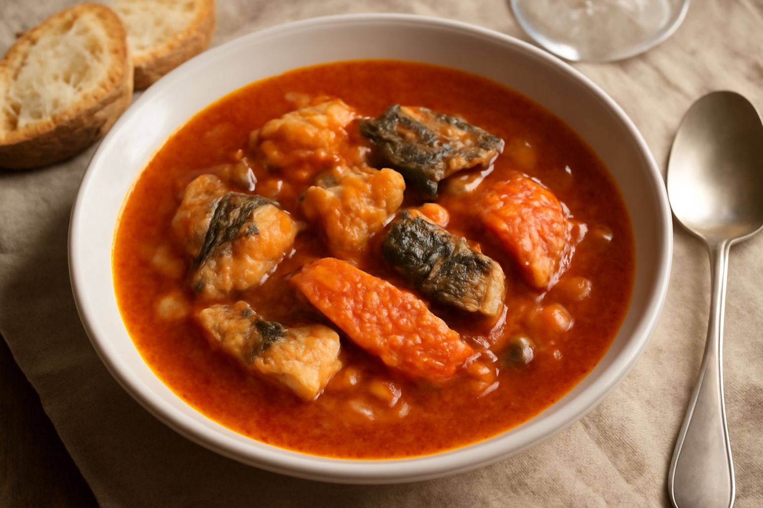 Brodettone marchigiano in ciotola di ceramica bianca, brodetto denso con pezzi di pesce bianco e rosso, pomodori visibili, superficie lucida, accompagnato da fette di pane tostato ai lati