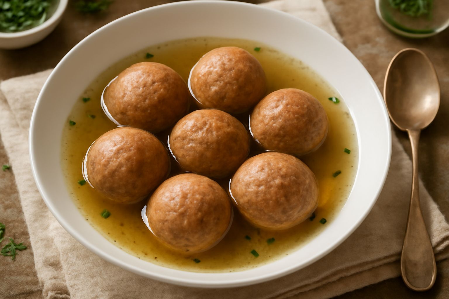 Brodini di carne dorati in una ciotola di porcellana bianca con brodo trasparente, prezzemolo verde e una cucchiaio di legno sulla destra