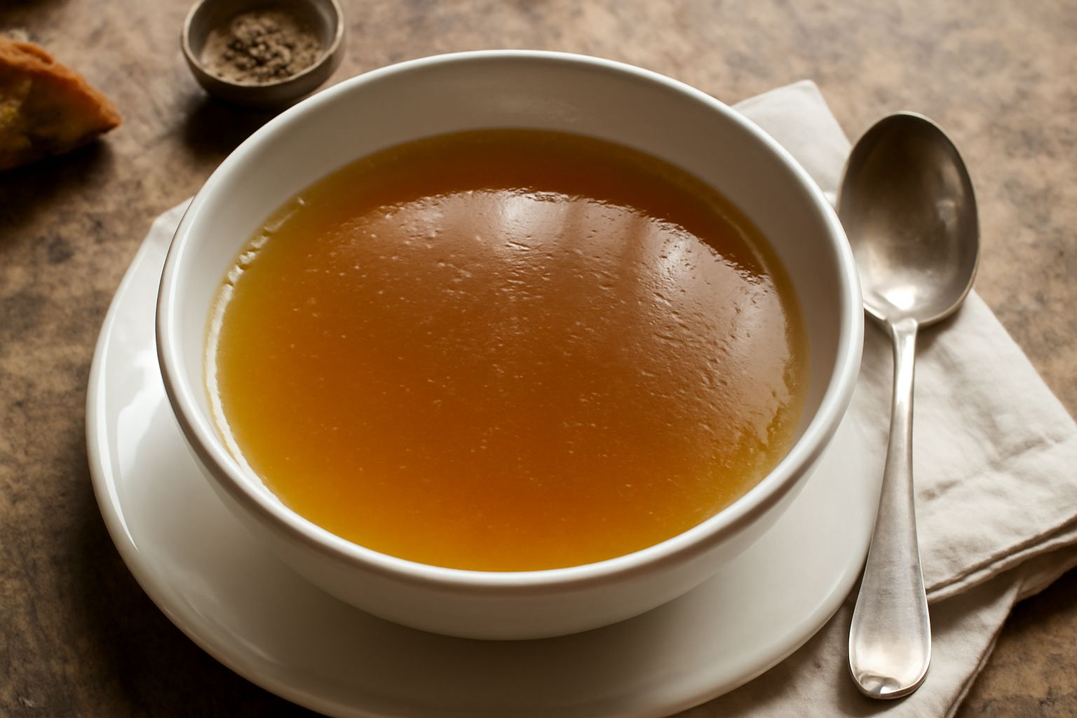 Tazza di brodino trasparente e dorato con gocce di grasso superficiale, servito con cucchiaio di porcellana bianca su sottopiatto color panna