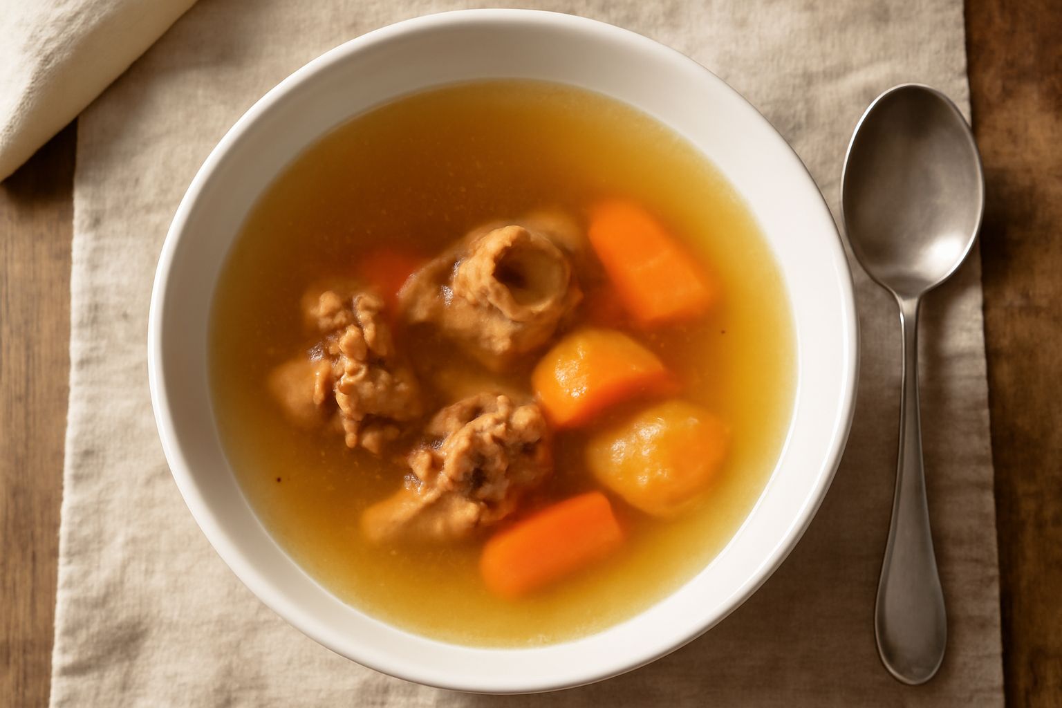 Una ciotola di porcellana bianca con brodino trasparente dorato, vapore leggero, qualche filetto di prezzemolo fresco e verdure tagliate a dadini sul bordo del piatto