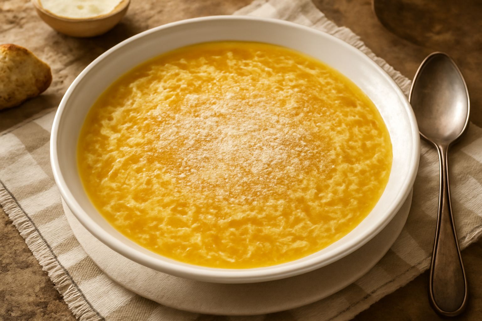 Una ciotola di ceramica bianca con brodo giallo dorato cremoso, fili di uovo cotta in sospensione, parmigiano grattugiato in superficie, pane tostato a lato su fondo di legno naturale