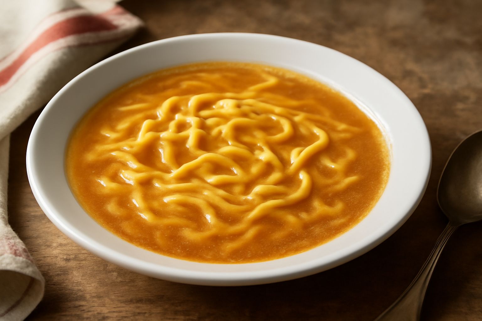 Una ciotola di ceramica bianca con brodo caldo, pasta fresca tagliata a fettuccine, gocce di grasso dorato in superficie, prezzemolo fresco tritato, cucchiaio in acciaio. Tavolo di legno scuro, luce n