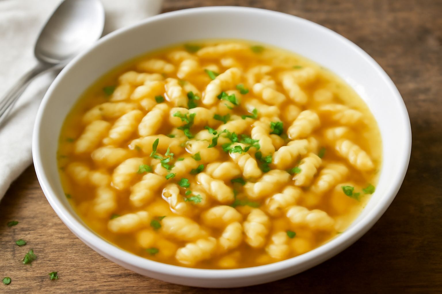 Ciotola di brodo caldo con spätzle gialli, garniti con prezzemolo fresco e un filo di olio, vapore visibile dalla superficie, servito in piatto bianco fondo