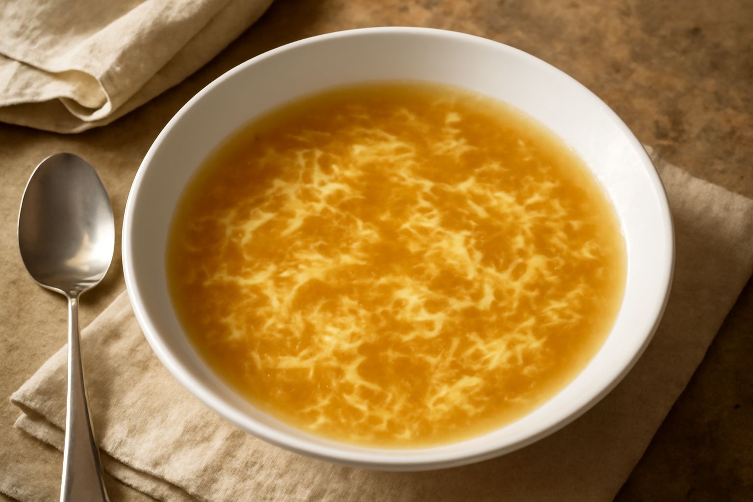Piatto fondo di ceramica bianca con brodo caldo trasparente, uova filate dorate che galleggiano, parsimonia di prezzemolo fresco verde scuro, cucchiaio di metallo appoggiato sul bordo