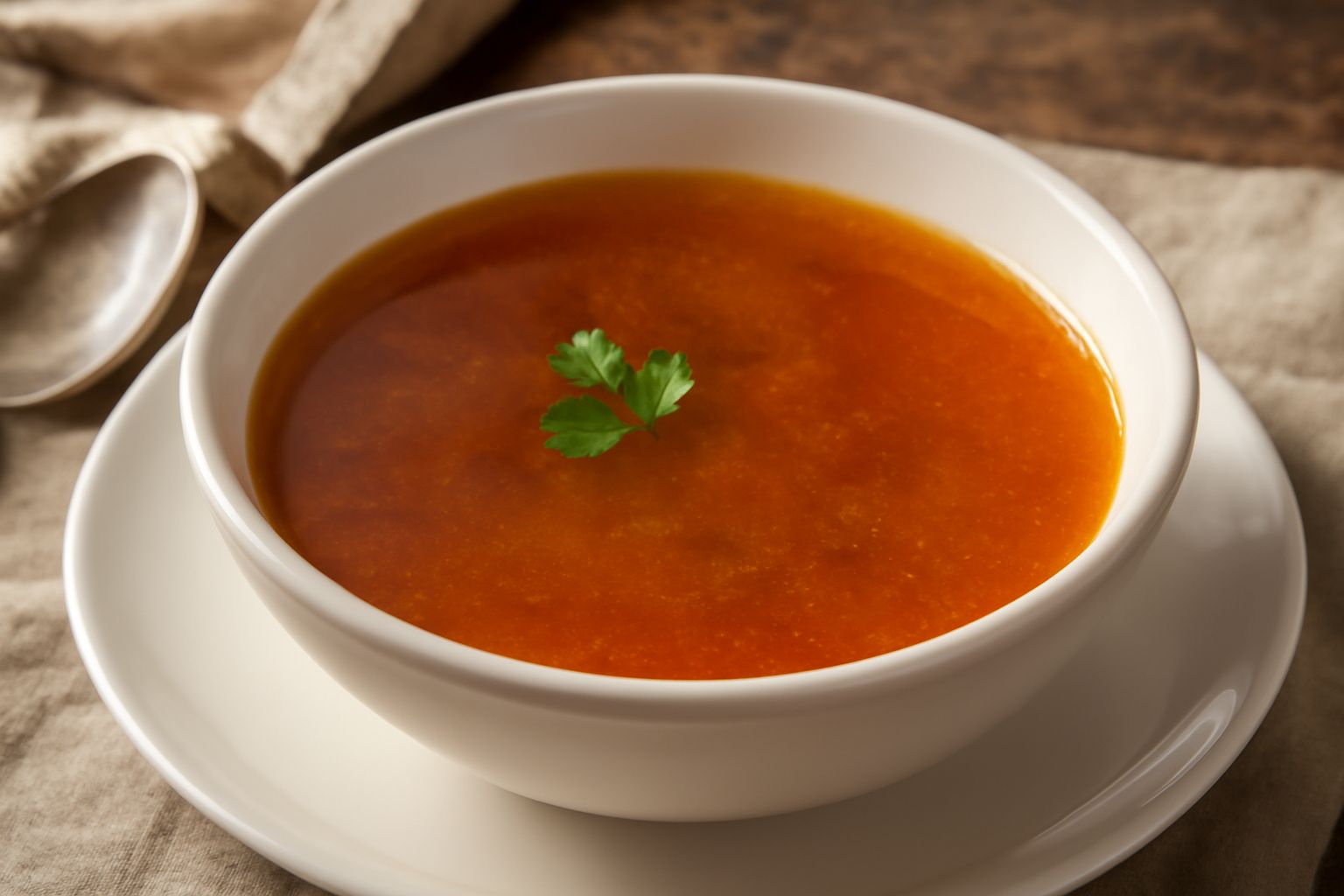 Una tazza di porcellana bianca contiene brodo di brodetto trasparente e dorato, con gocce di olio in superficie, posto su un tavolo di legno chiaro accanto a una cucchiaiata di prezzemolo fresco